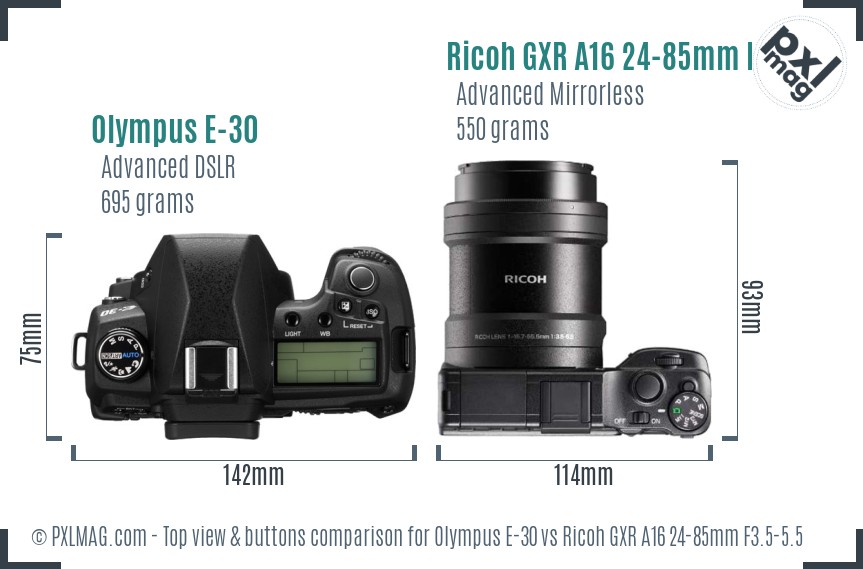 Olympus E-30 vs Ricoh GXR A16 24-85mm F3.5-5.5 top view buttons comparison