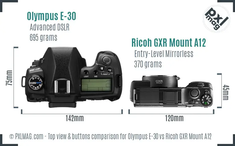 Olympus E-30 vs Ricoh GXR Mount A12 top view buttons comparison