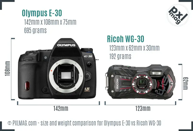 Olympus E-30 vs Ricoh WG-30 size comparison Olympus E-30 vs Ricoh WG-30 size comparison