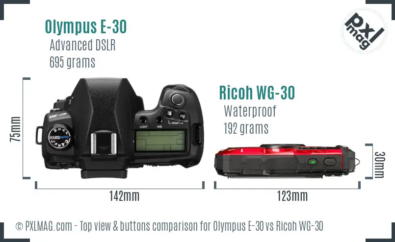 Olympus E-30 vs Ricoh WG-30 top view buttons comparison Olympus E-30 vs Ricoh WG-30 top view buttons comparison