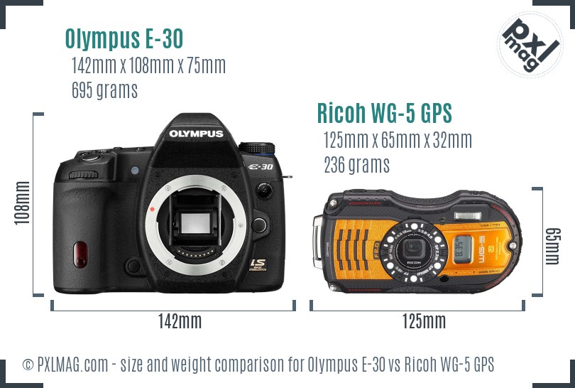 Olympus E-30 vs Ricoh WG-5 GPS size comparison Olympus E-30 vs Ricoh WG-5 GPS size comparison