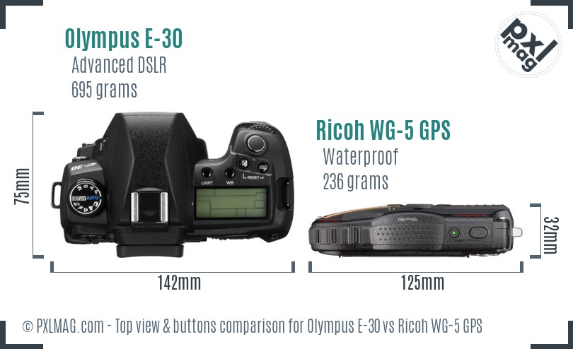 Olympus E-30 vs Ricoh WG-5 GPS top view buttons comparison