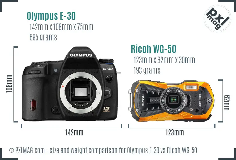 Olympus E-30 vs Ricoh WG-50 size comparison
