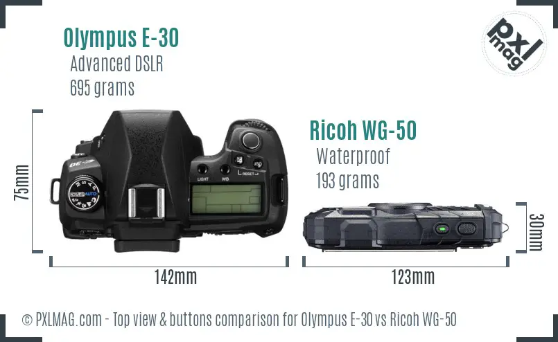 Olympus E-30 vs Ricoh WG-50 top view buttons comparison