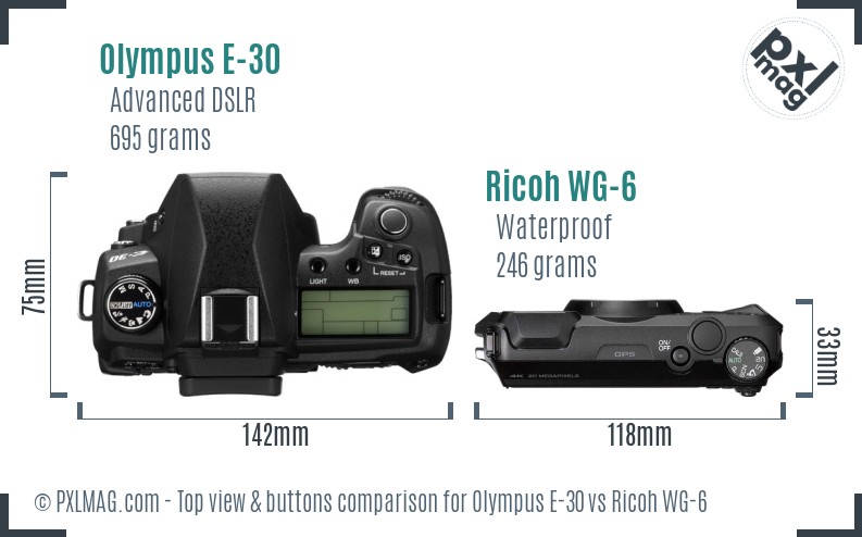 Olympus E-30 vs Ricoh WG-6 top view buttons comparison