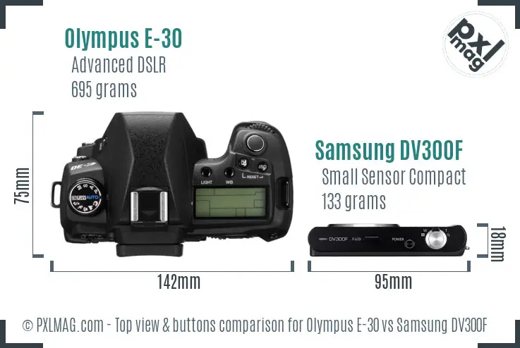 Olympus E-30 vs Samsung DV300F top view buttons comparison