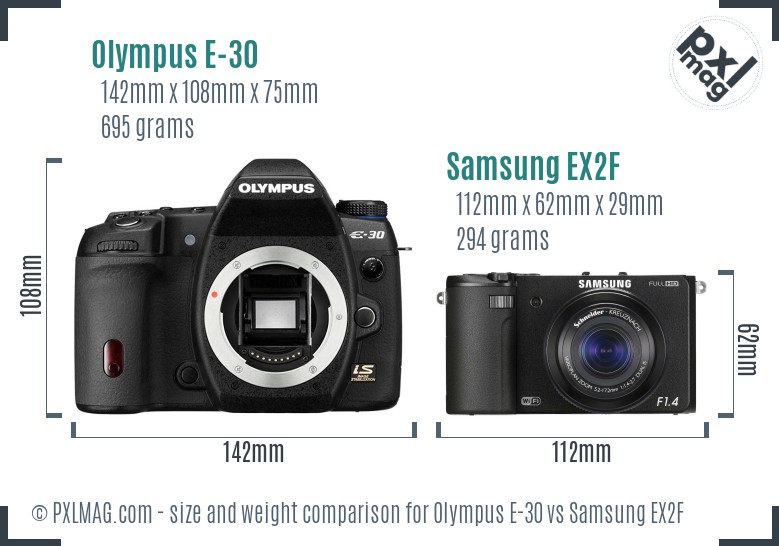 Olympus E-30 vs Samsung EX2F size comparison Olympus E-30 vs Samsung EX2F size comparison