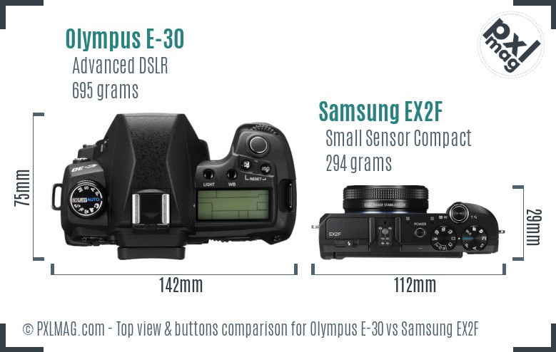 Olympus E-30 vs Samsung EX2F top view buttons comparison
