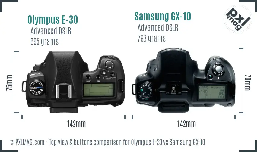 Olympus E-30 vs Samsung GX-10 top view buttons comparison