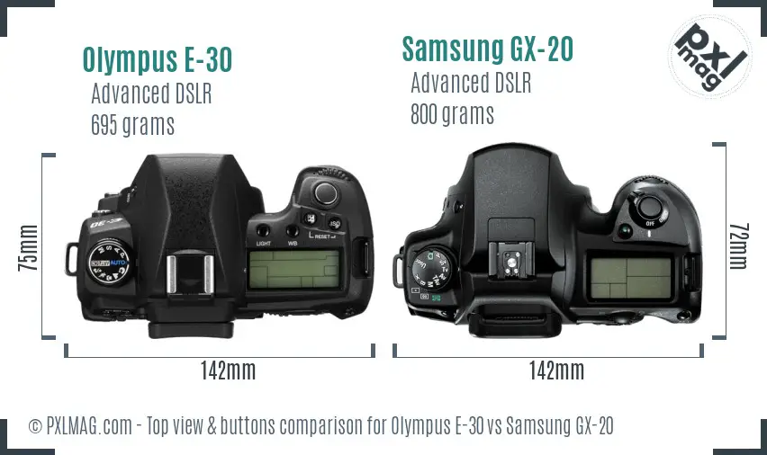 Olympus E-30 vs Samsung GX-20 top view buttons comparison
