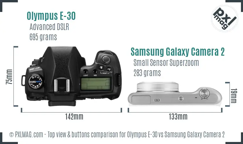 Olympus E-30 vs Samsung Galaxy Camera 2 top view buttons comparison Olympus E-30 vs Samsung Galaxy Camera 2 top view buttons comparison