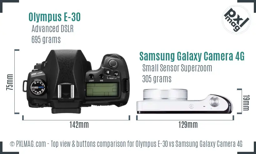 Olympus E-30 vs Samsung Galaxy Camera 4G top view buttons comparison
