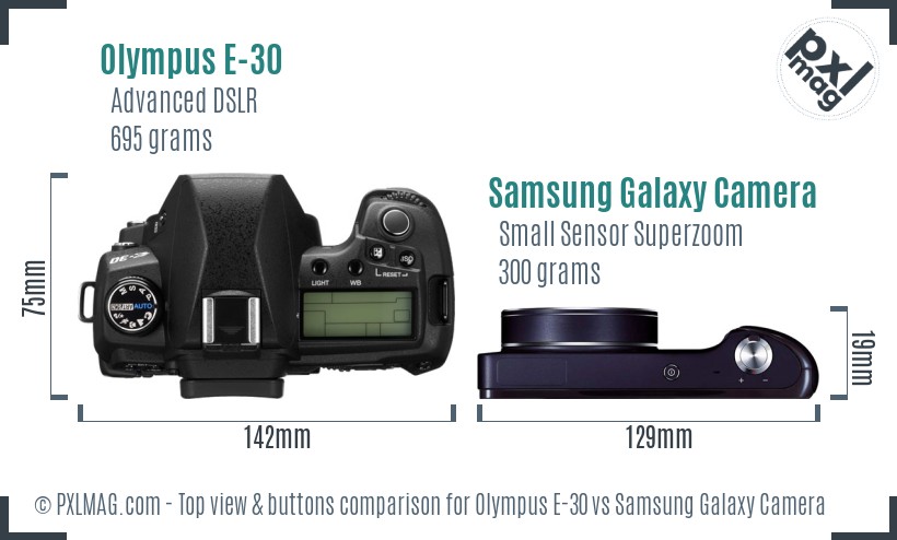 Olympus E-30 vs Samsung Galaxy Camera top view buttons comparison