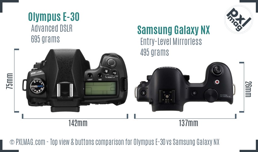 Olympus E-30 vs Samsung Galaxy NX top view buttons comparison