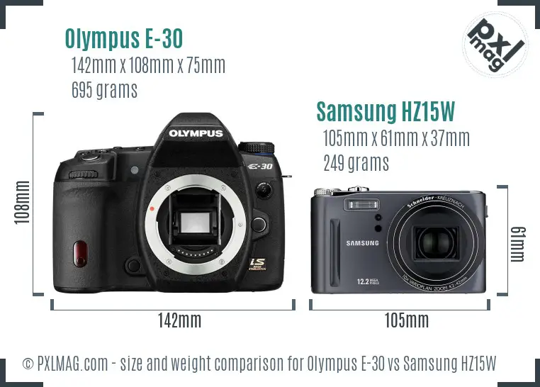 Olympus E-30 vs Samsung HZ15W size comparison