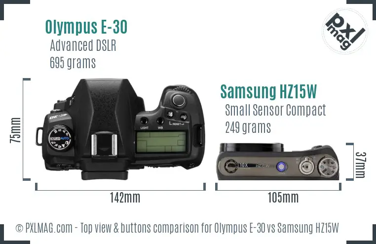 Olympus E-30 vs Samsung HZ15W top view buttons comparison
