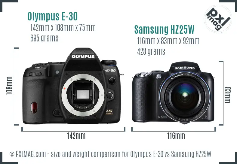 Olympus E-30 vs Samsung HZ25W size comparison Olympus E-30 vs Samsung HZ25W size comparison