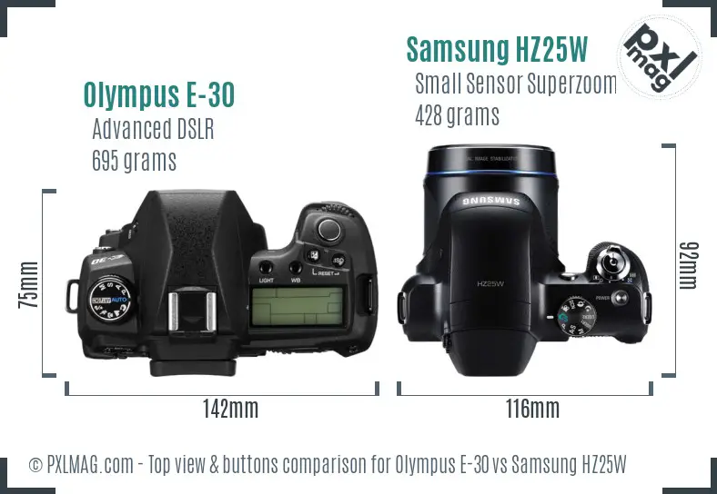 Olympus E-30 vs Samsung HZ25W top view buttons comparison Olympus E-30 vs Samsung HZ25W top view buttons comparison