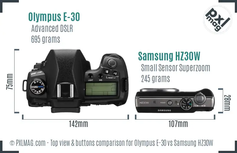 Olympus E-30 vs Samsung HZ30W top view buttons comparison