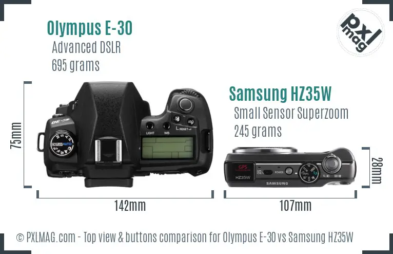 Olympus E-30 vs Samsung HZ35W top view buttons comparison