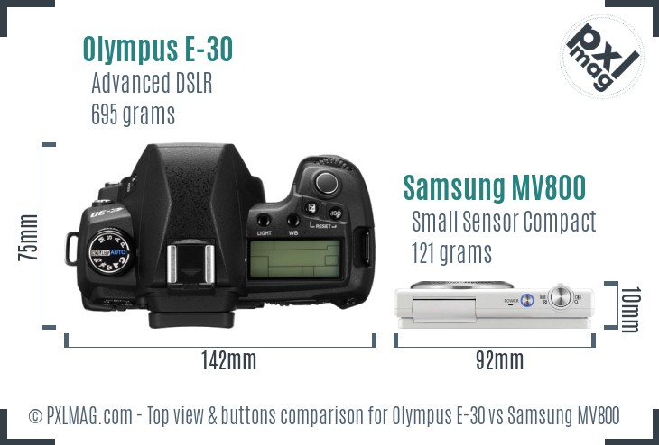 Olympus E-30 vs Samsung MV800 top view buttons comparison