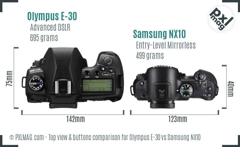 Olympus E-30 vs Samsung NX10 top view buttons comparison