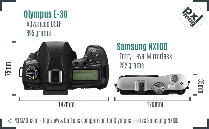 Olympus E-30 vs Samsung NX100 top view buttons comparison