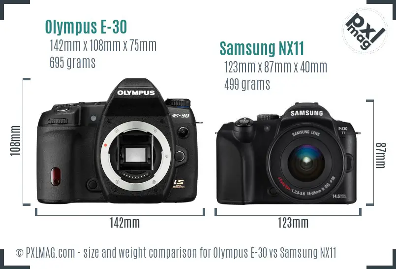 Olympus E-30 vs Samsung NX11 size comparison Olympus E-30 vs Samsung NX11 size comparison