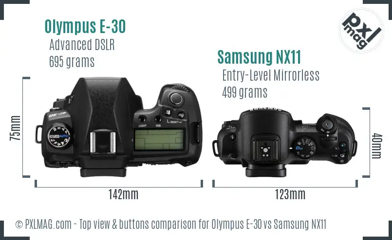 Olympus E-30 vs Samsung NX11 top view buttons comparison Olympus E-30 vs Samsung NX11 top view buttons comparison