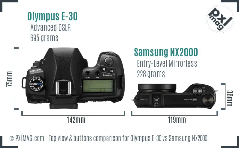Olympus E-30 vs Samsung NX2000 top view buttons comparison Olympus E-30 vs Samsung NX2000 top view buttons comparison