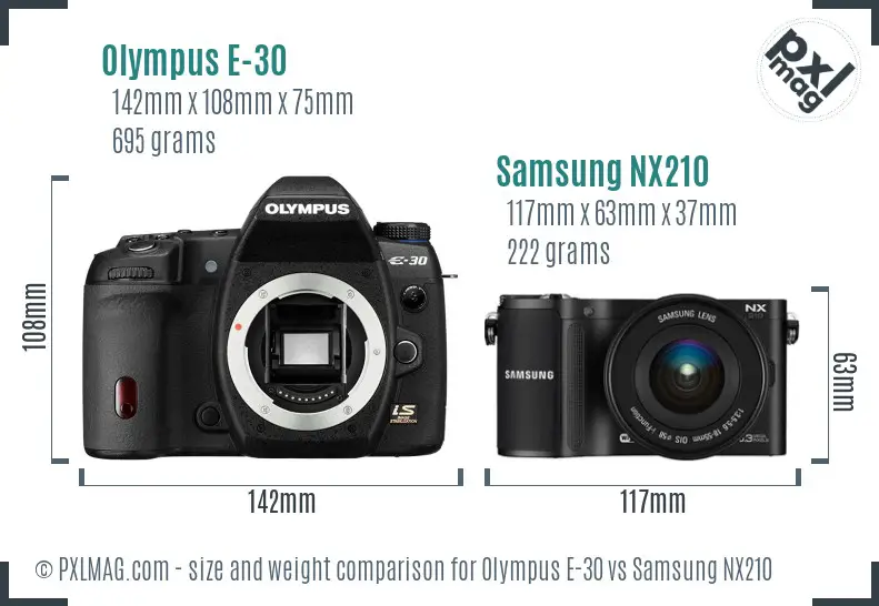 Olympus E-30 vs Samsung NX210 size comparison Olympus E-30 vs Samsung NX210 size comparison