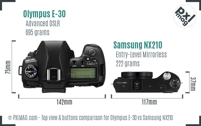 Olympus E-30 vs Samsung NX210 top view buttons comparison Olympus E-30 vs Samsung NX210 top view buttons comparison