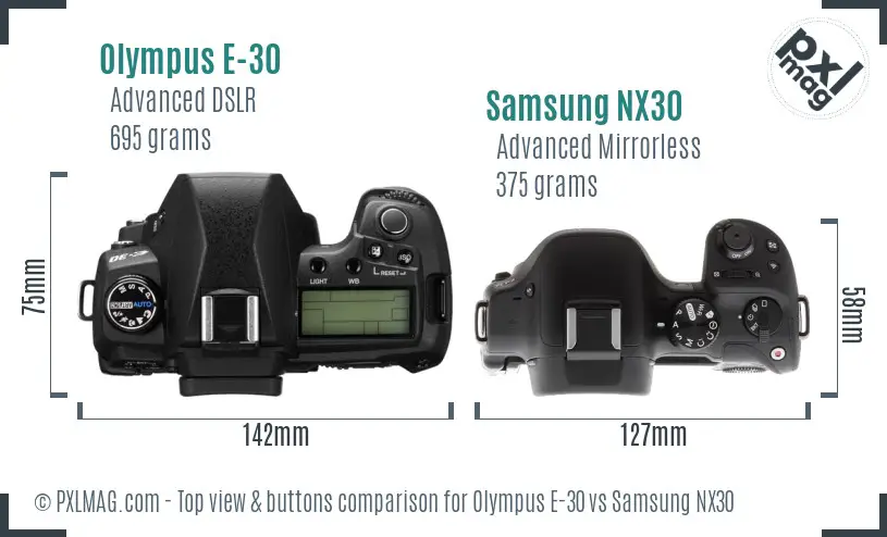 Olympus E-30 vs Samsung NX30 top view buttons comparison