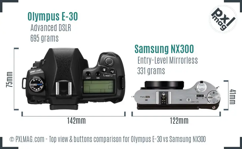 Olympus E-30 vs Samsung NX300 top view buttons comparison