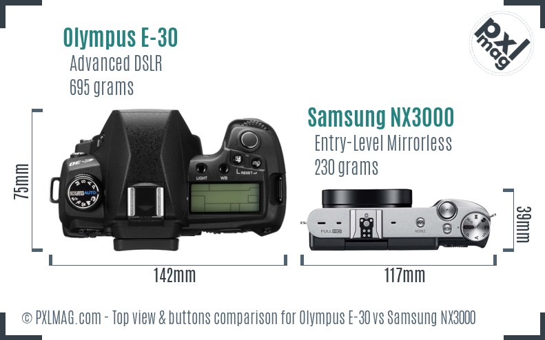Olympus E-30 vs Samsung NX3000 top view buttons comparison