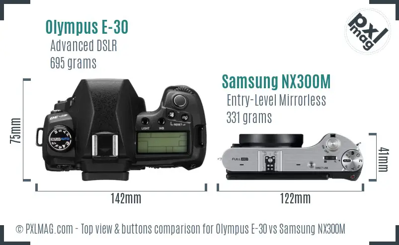 Olympus E-30 vs Samsung NX300M top view buttons comparison Olympus E-30 vs Samsung NX300M top view buttons comparison
