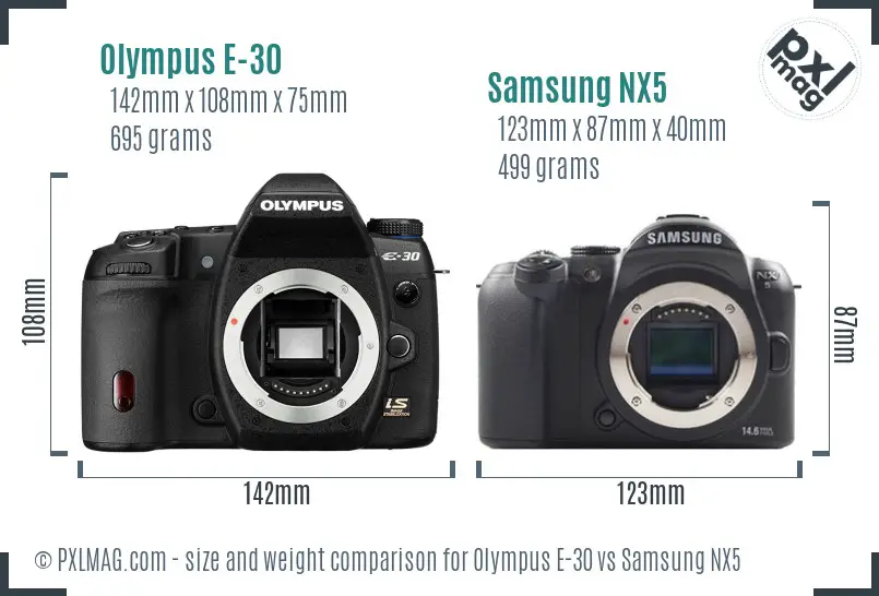 Olympus E-30 vs Samsung NX5 size comparison Olympus E-30 vs Samsung NX5 size comparison
