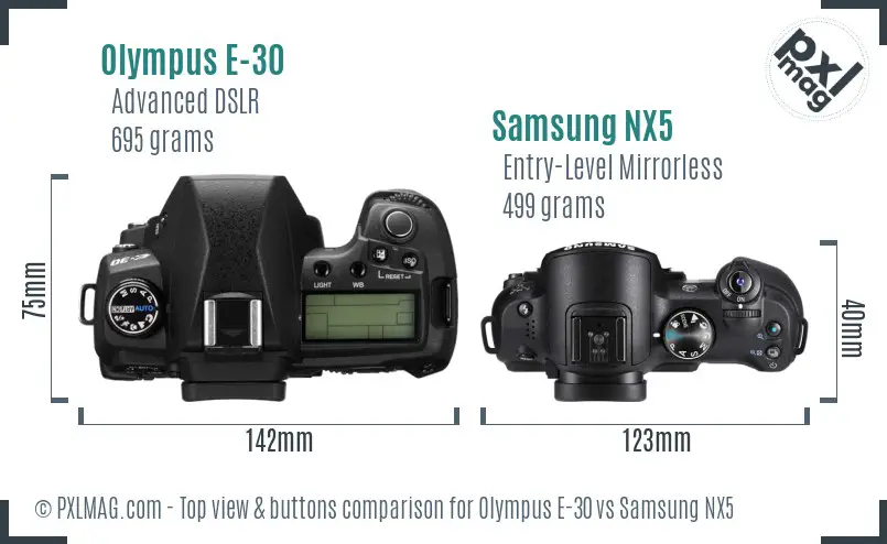 Olympus E-30 vs Samsung NX5 top view buttons comparison