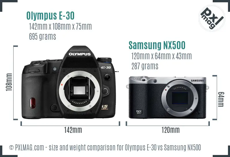 Olympus E-30 vs Samsung NX500 size comparison