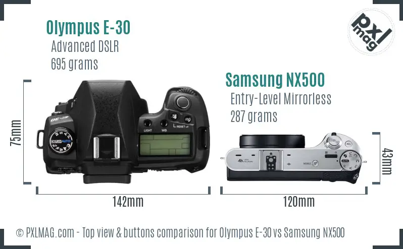 Olympus E-30 vs Samsung NX500 top view buttons comparison