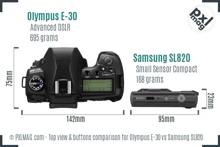 Olympus E-30 vs Samsung SL820 top view buttons comparison