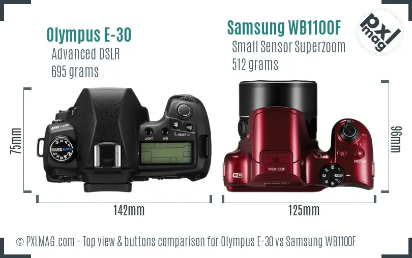 Olympus E-30 vs Samsung WB1100F top view buttons comparison