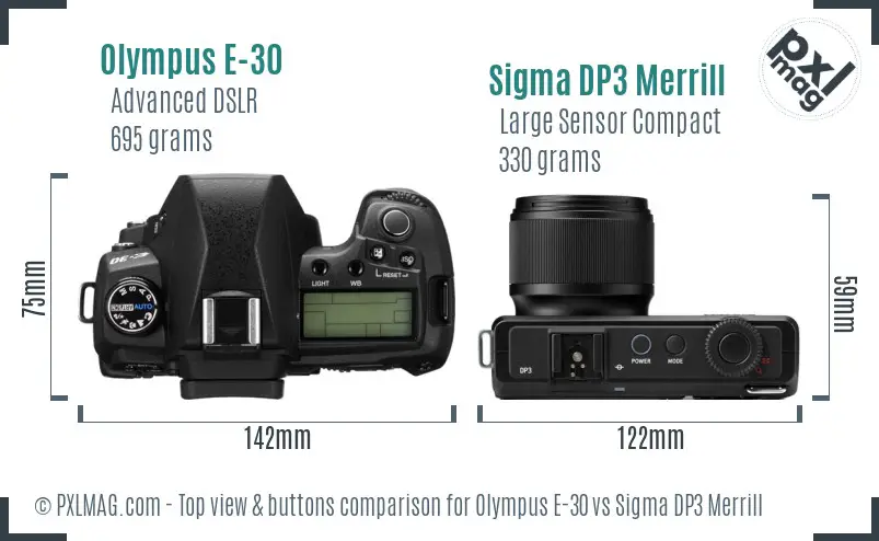 Olympus E-30 vs Sigma DP3 Merrill top view buttons comparison Olympus E-30 vs Sigma DP3 Merrill top view buttons comparison