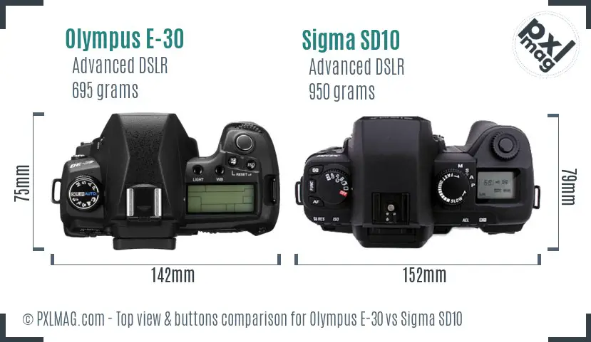 Olympus E-30 vs Sigma SD10 top view buttons comparison