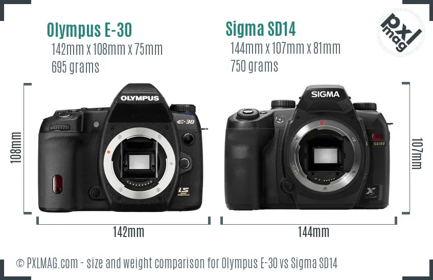 Olympus E-30 vs Sigma SD14 size comparison