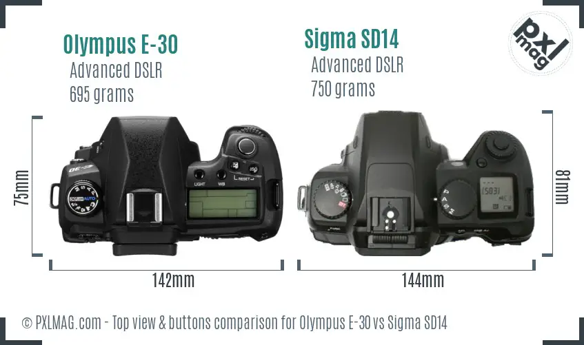 Olympus E-30 vs Sigma SD14 top view buttons comparison