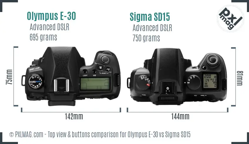 Olympus E-30 vs Sigma SD15 top view buttons comparison