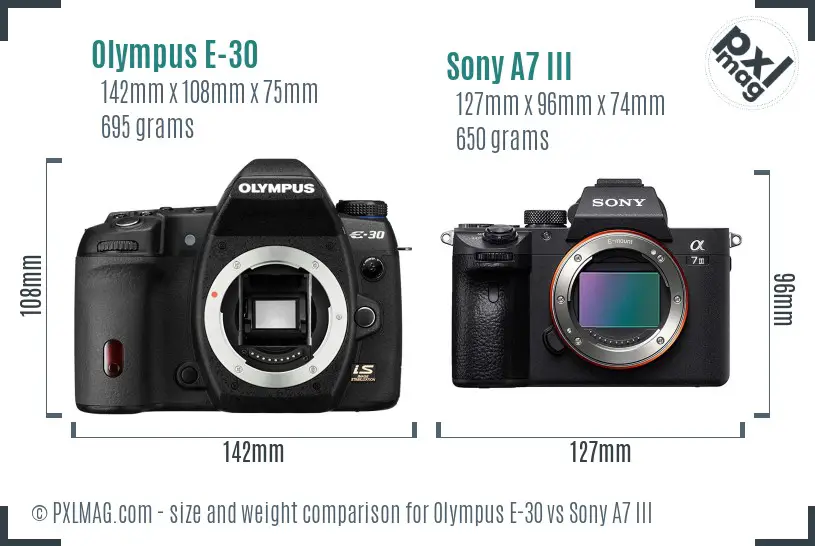 Olympus E-30 vs Sony A7 III size comparison