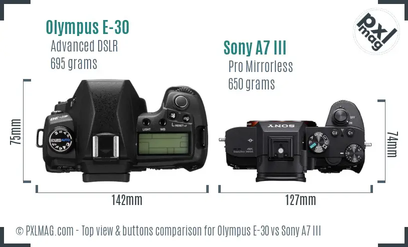 Olympus E-30 vs Sony A7 III top view buttons comparison