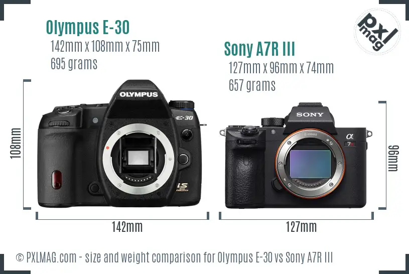 Olympus E-30 vs Sony A7R III size comparison